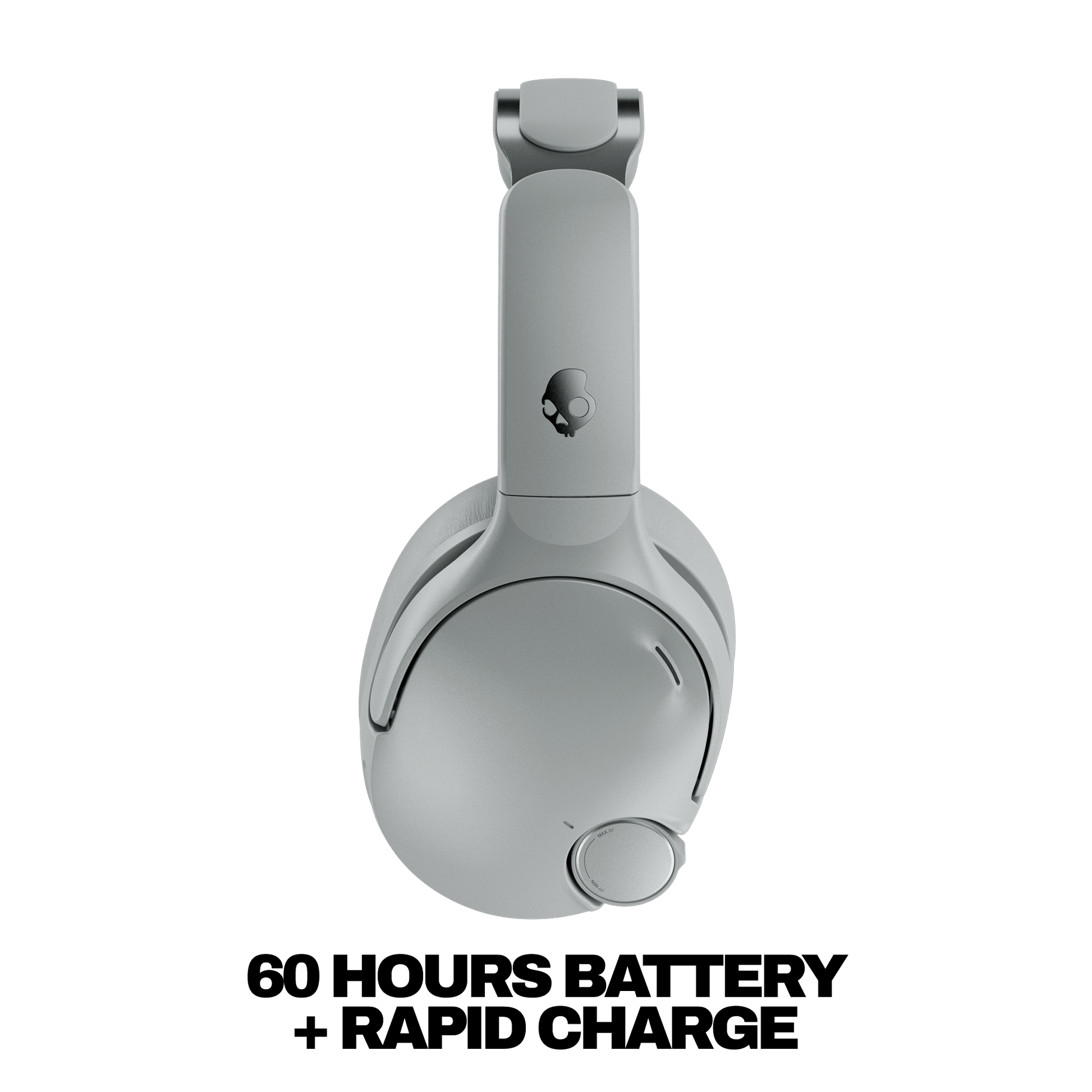 Gray Skullcandy Crusher 1080 on a transparent background with text '60 Hours Battery + Rapid Charge'. | Cement