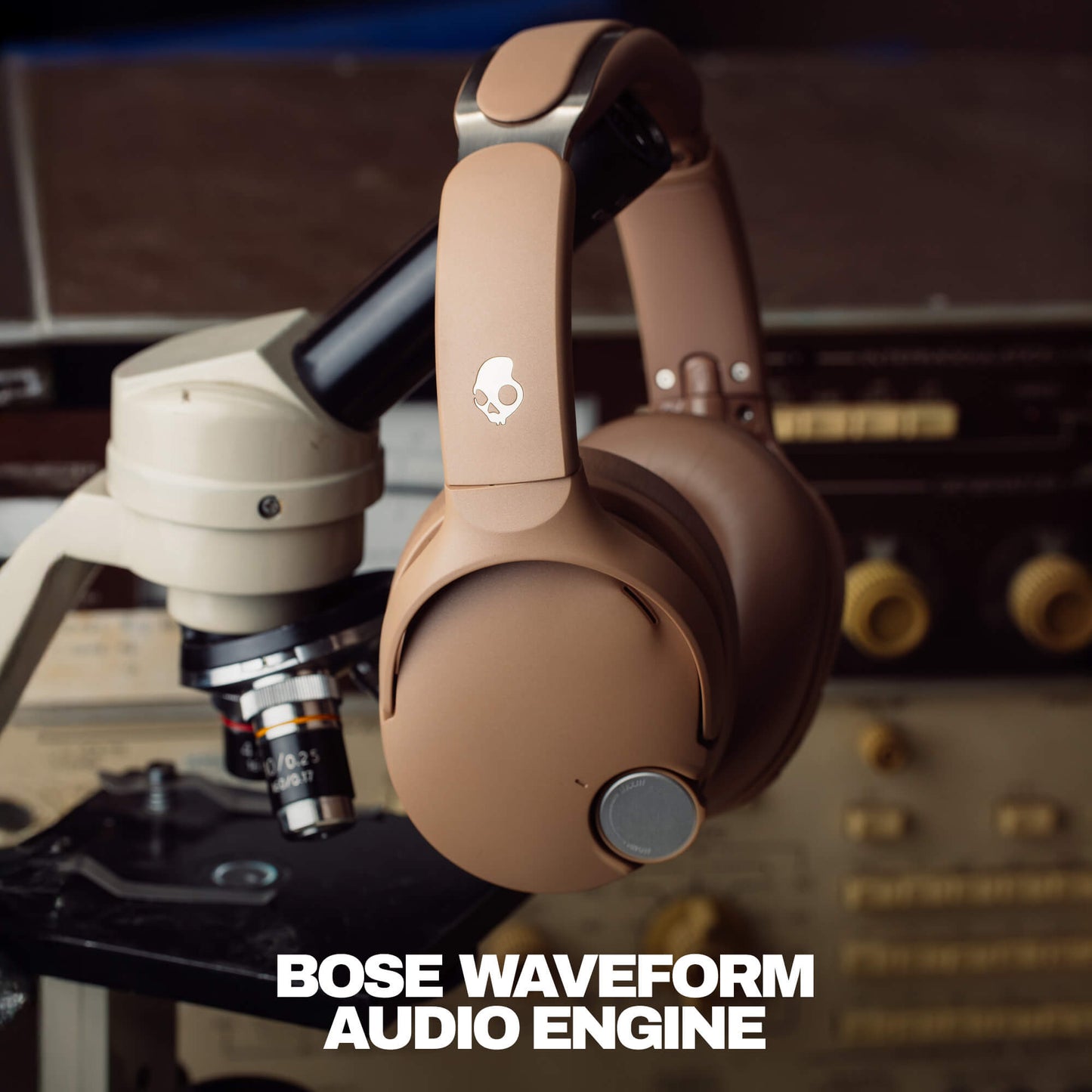 Skullcandy Crusher 1080 headphones on a vintage audio equipment background with 'Bose Waveform Audio Engine' text. | Primer