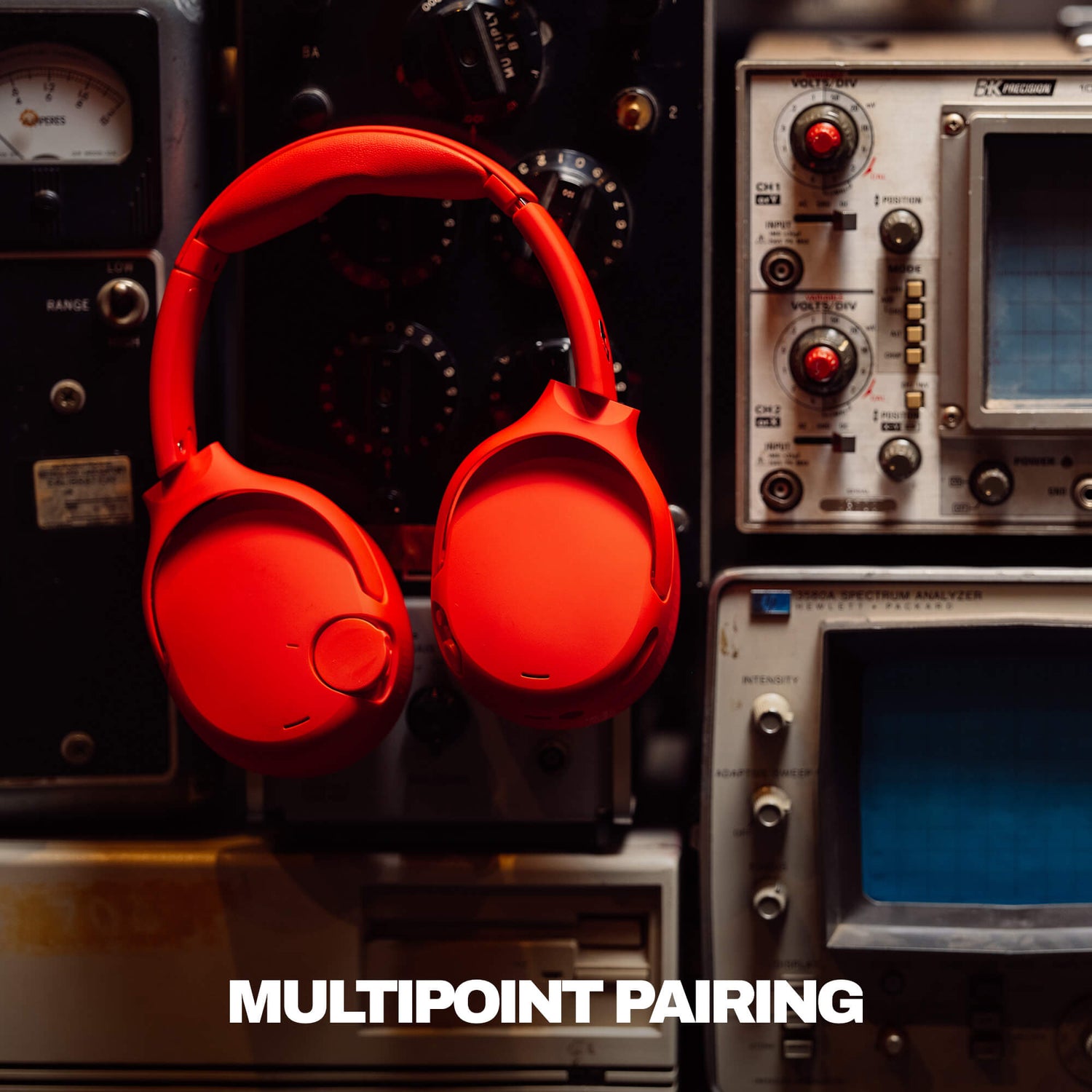 Red Crusher 720 on a vintage electronic equipment background with 'MULTIPOINT PAIRING' text. | Plasma