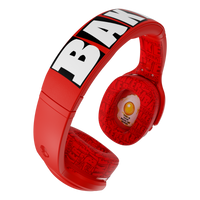 Red over-ear Crusher 540 active with bold white and black 'BANANA' lettering on the headband and a fried-egg graphic on the ear cup, shown on a plain white background. | Skullcandy X Baker Skateboards