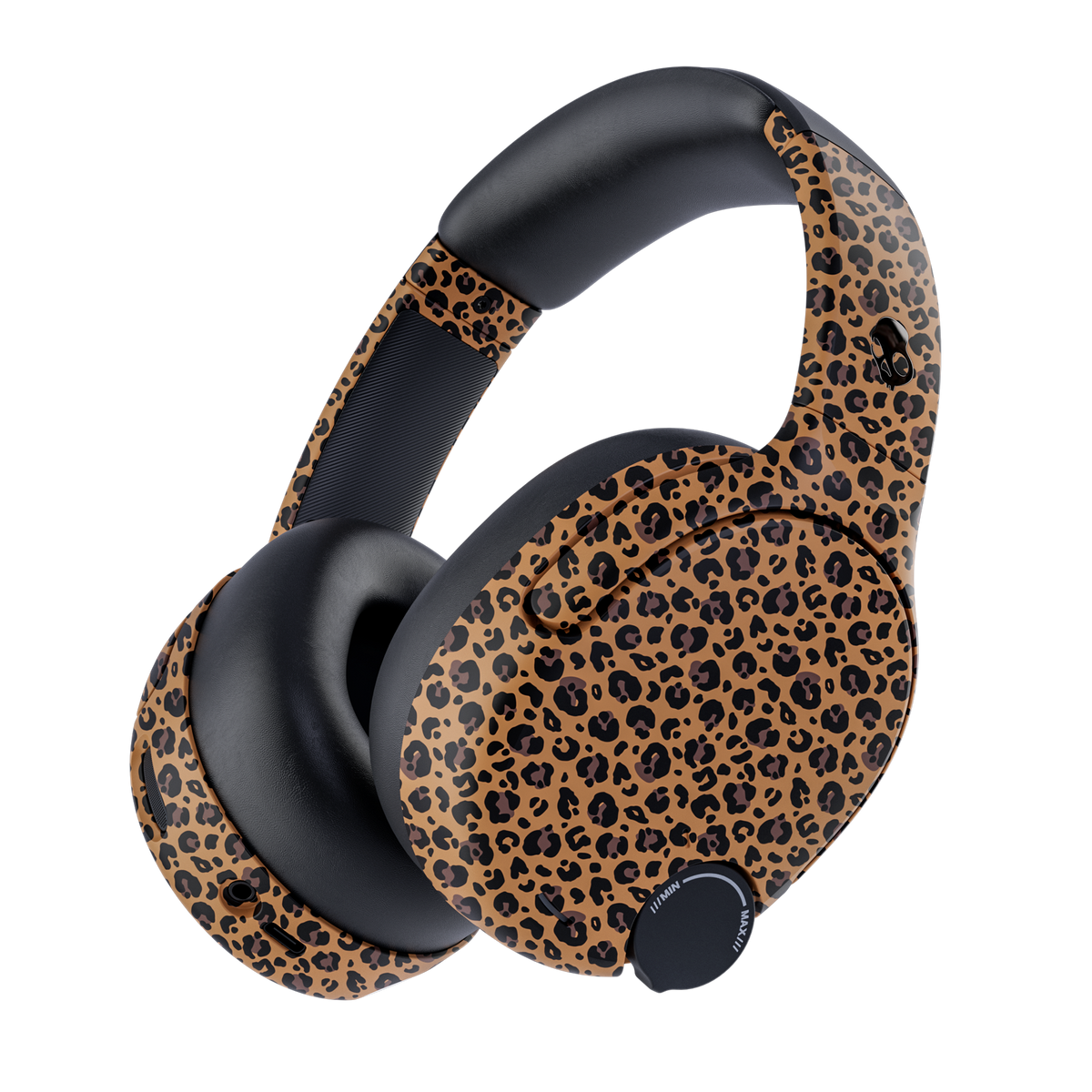 Over-ear wireless headphones with a brown and black leopard print pattern on the outer earcups and headband, featuring black ear cushions and a black control button. | Leopard