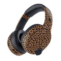 Over-ear wireless headphones with a brown and black leopard print pattern on the outer earcups and headband, featuring black ear cushions and a black control button. | Leopard
