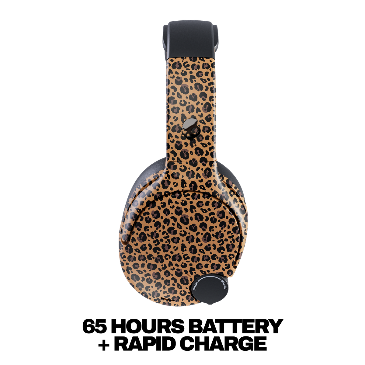 Over-ear headphones with a tan and black leopard print pattern, shown on a white background with the text '65 HOURS BATTERY + RAPID CHARGE'  below. | Leopard