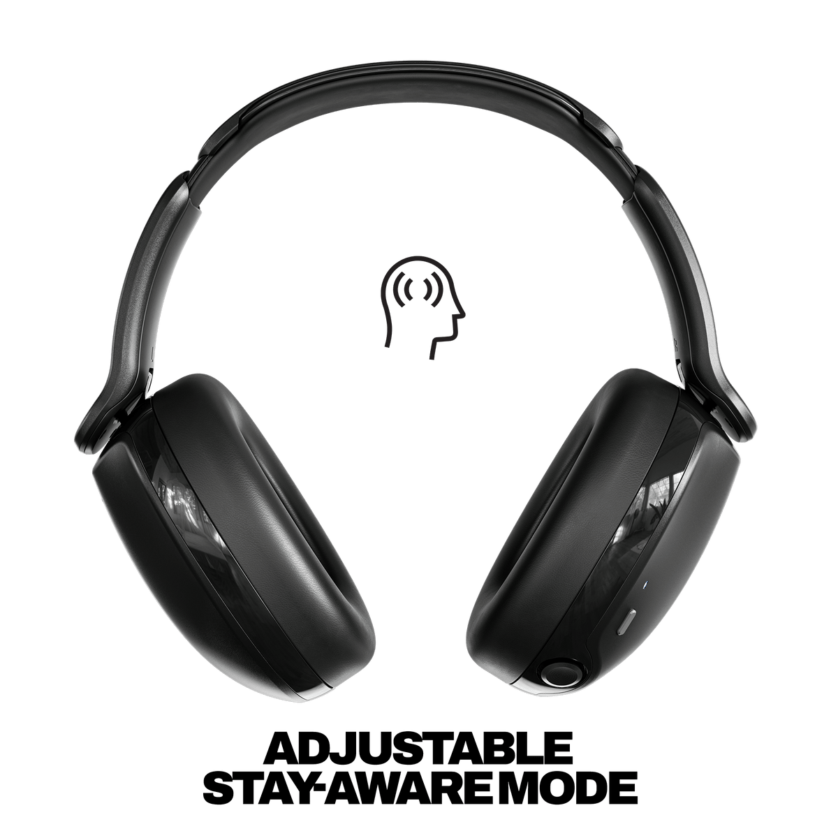 Black hesh 360 over-ear headphones on a white background with a small head icon above and the text 'ADJUSTABLE STAY-AWARE MODE' below. | True Black