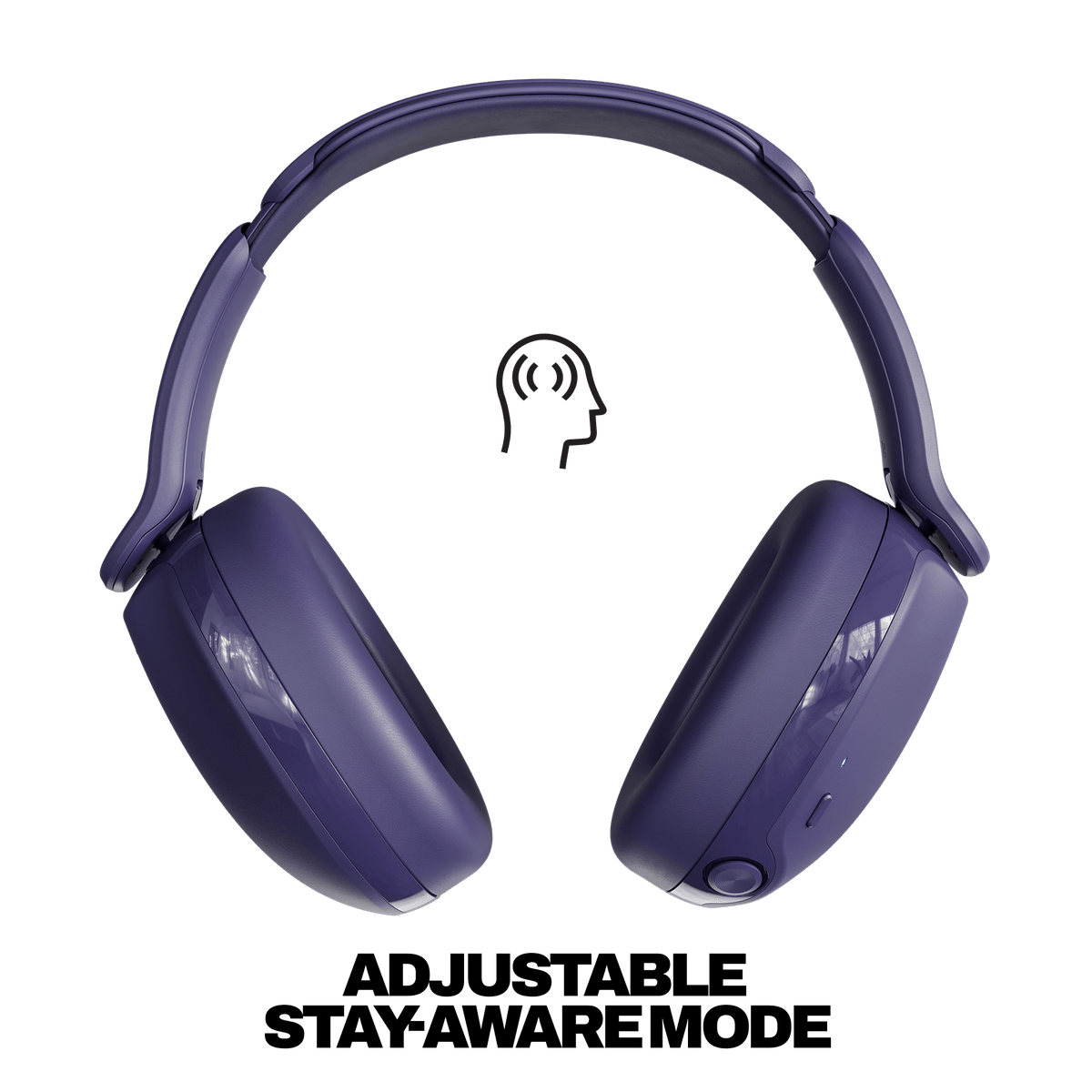 A pair of hesh 360 over-ear headphones in a deep purple color, shown on a solid white background with a black icon of a head with sound waves above the earcups and bold black text at the bottom reading 'ADJUSTABLE STAY-AWARE MODE'.  | Future