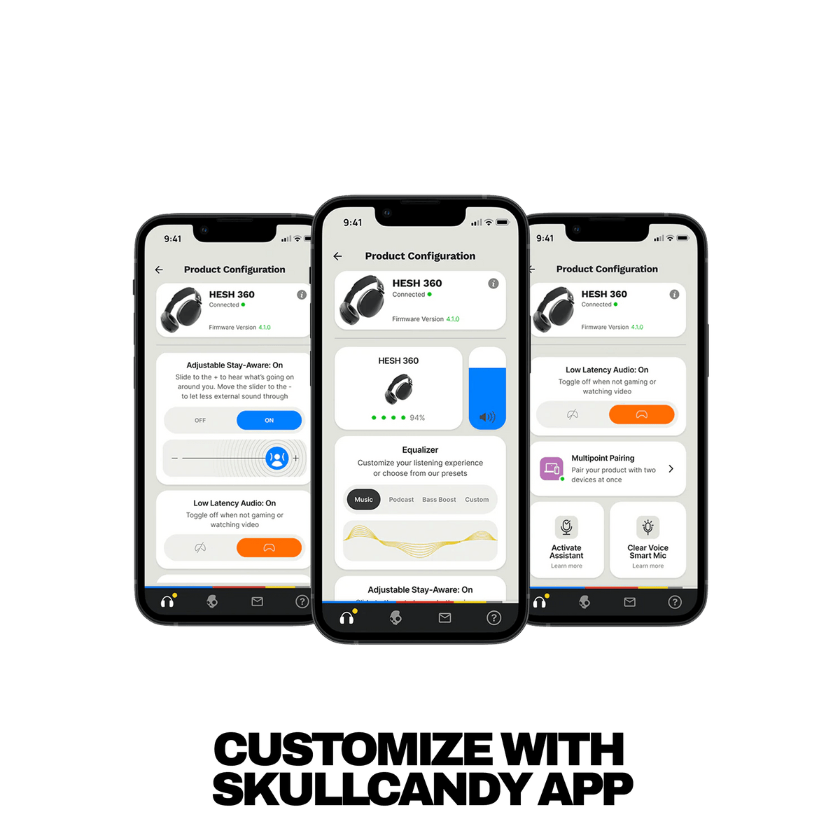 Three smartphone mockups display the Skullcandy app's product configuration screen, with customizable settings for HESH 360 headphones and other audio features. Below the phones, the text reads 'CUSTOMIZE WITH SKULLCANDY APP' on a white background. | Future