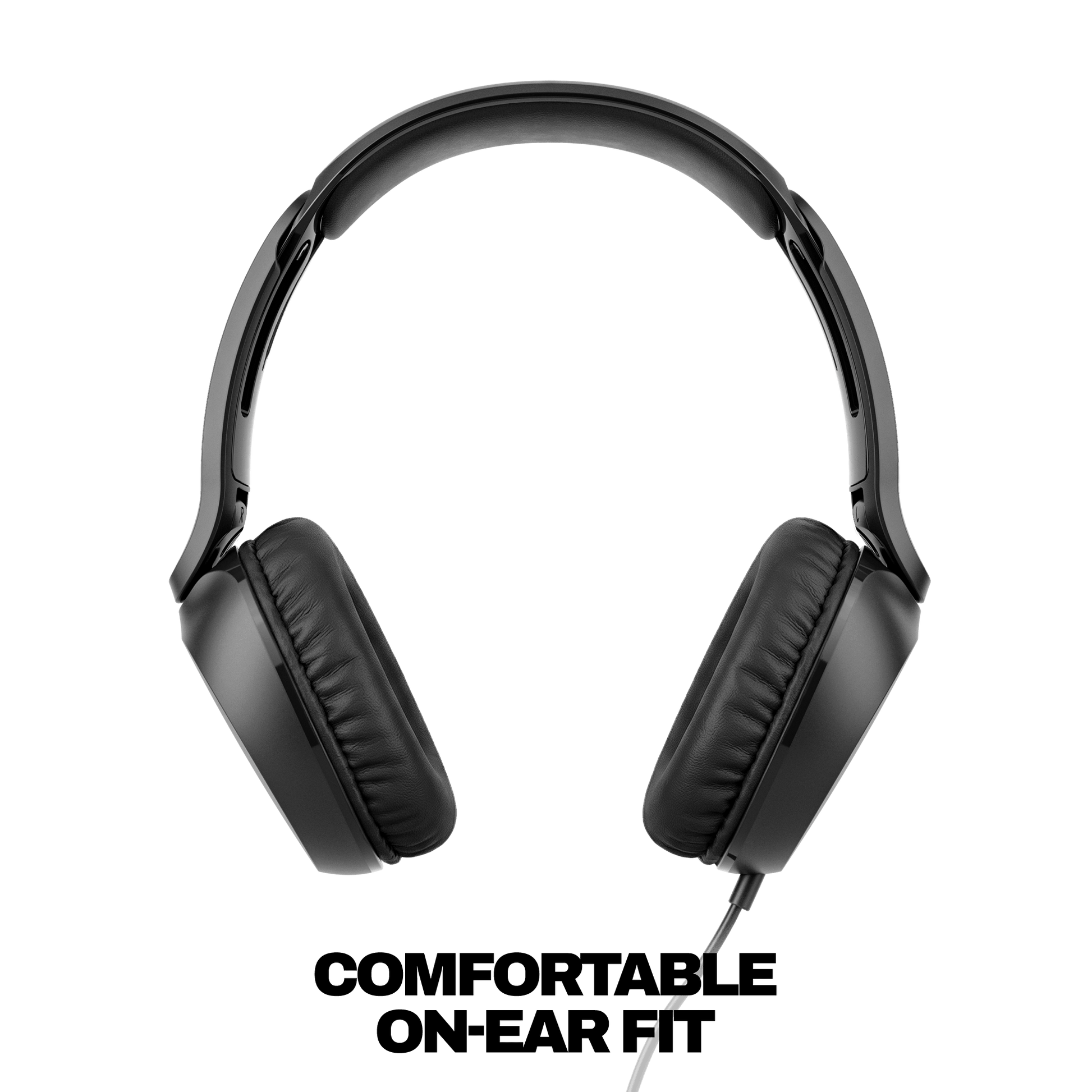 Black over-ear wired headphones shown from the side against a solid black background. | True Black
