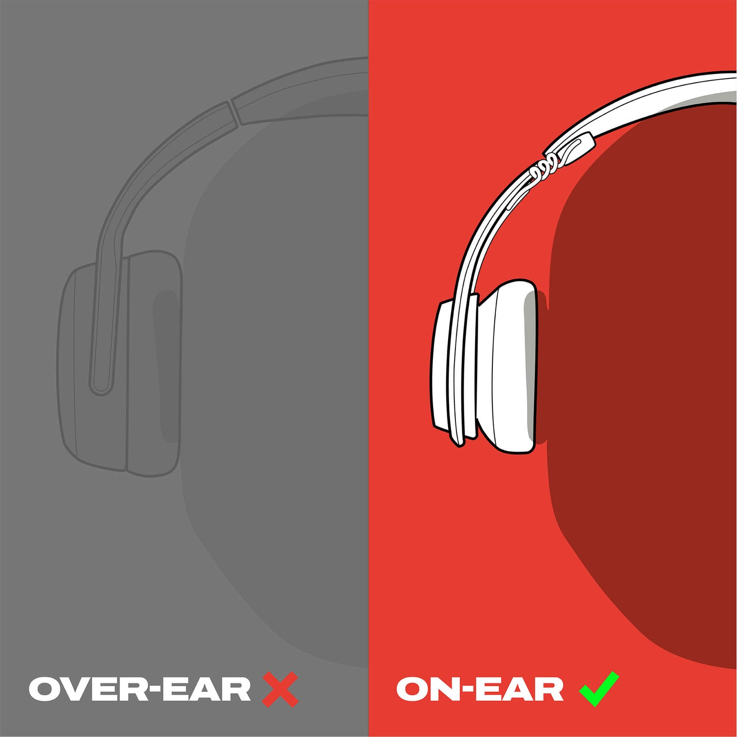 A split graphic showing over-ear headphones on the left in faded gray with the text 'OVER-EAR X' and on the right in white on a red background with the text 'ON-EAR ✓', suggesting the on-ear style is preferred. | Cement