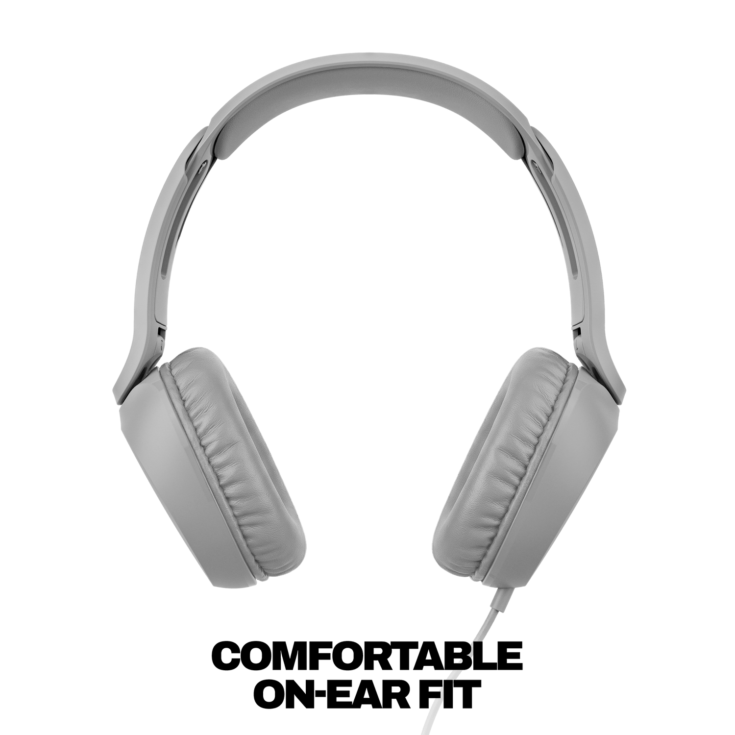 Light gray over-ear wired headphones shown from the side against a solid black background. | Cement
