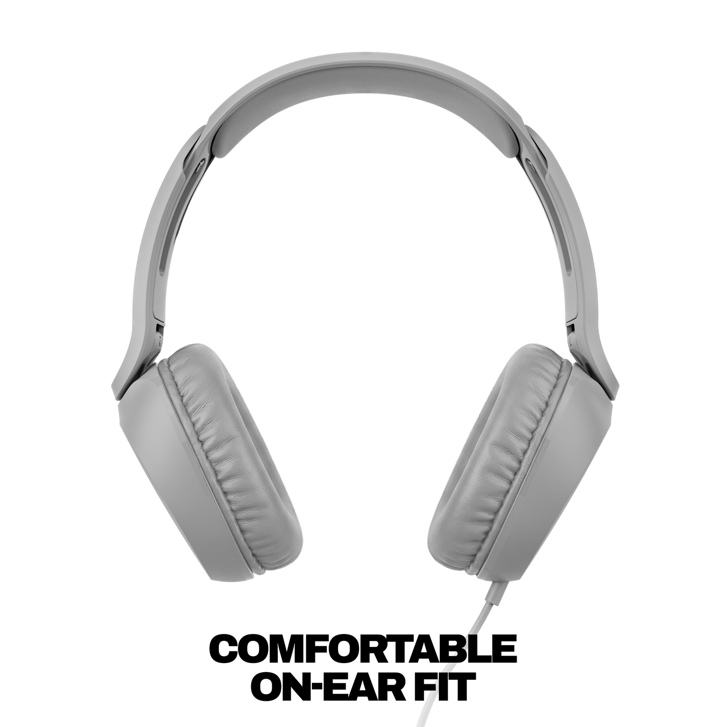 Light gray over-ear wired headphones shown from the side against a solid black background. | Cement