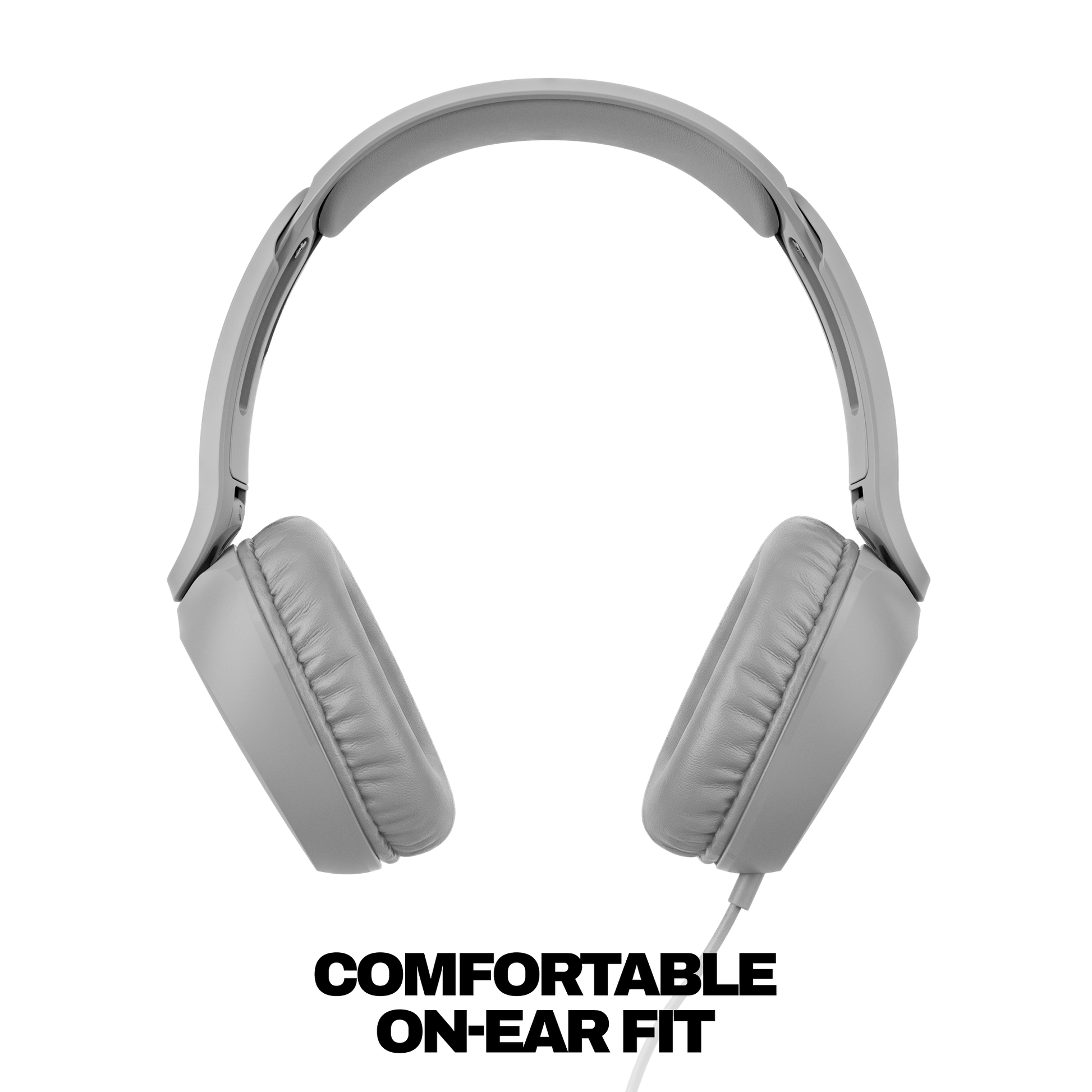Light gray over-ear wired headphones shown from the side against a solid black background. | Cement