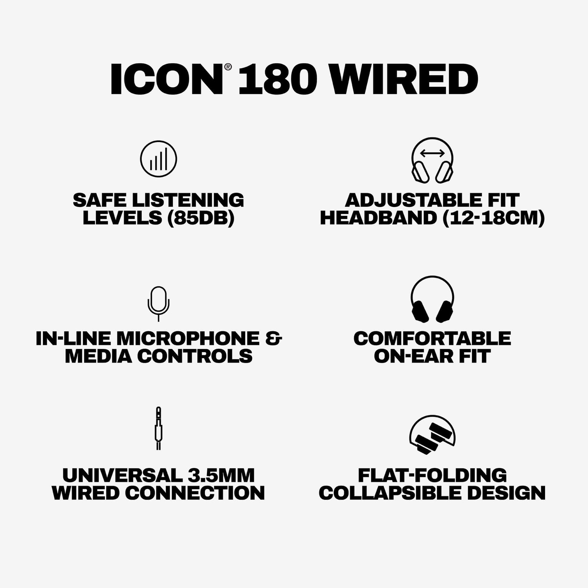 Feature list graphic for the ICON 180 WIRED over-ear headphones on a light gray background, showing icons and text for safe listening levels, adjustable fit, in-line microphone and media controls, comfortable on-ear fit, universal 3.5mm wired connection, and flat-folding collapsible design. | Crazy Pink