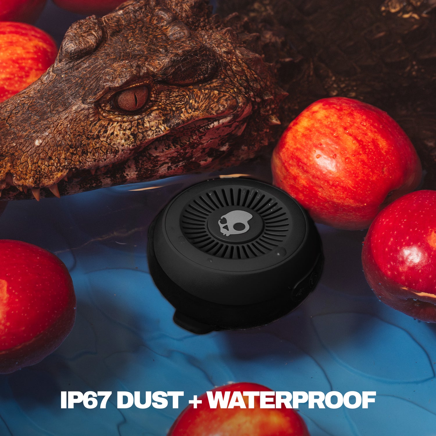 Black waterproof Speaker surrounded by red apples with a lizard in the background, featuring 'IP67 DUST + WATERPROOF' text. | True Black