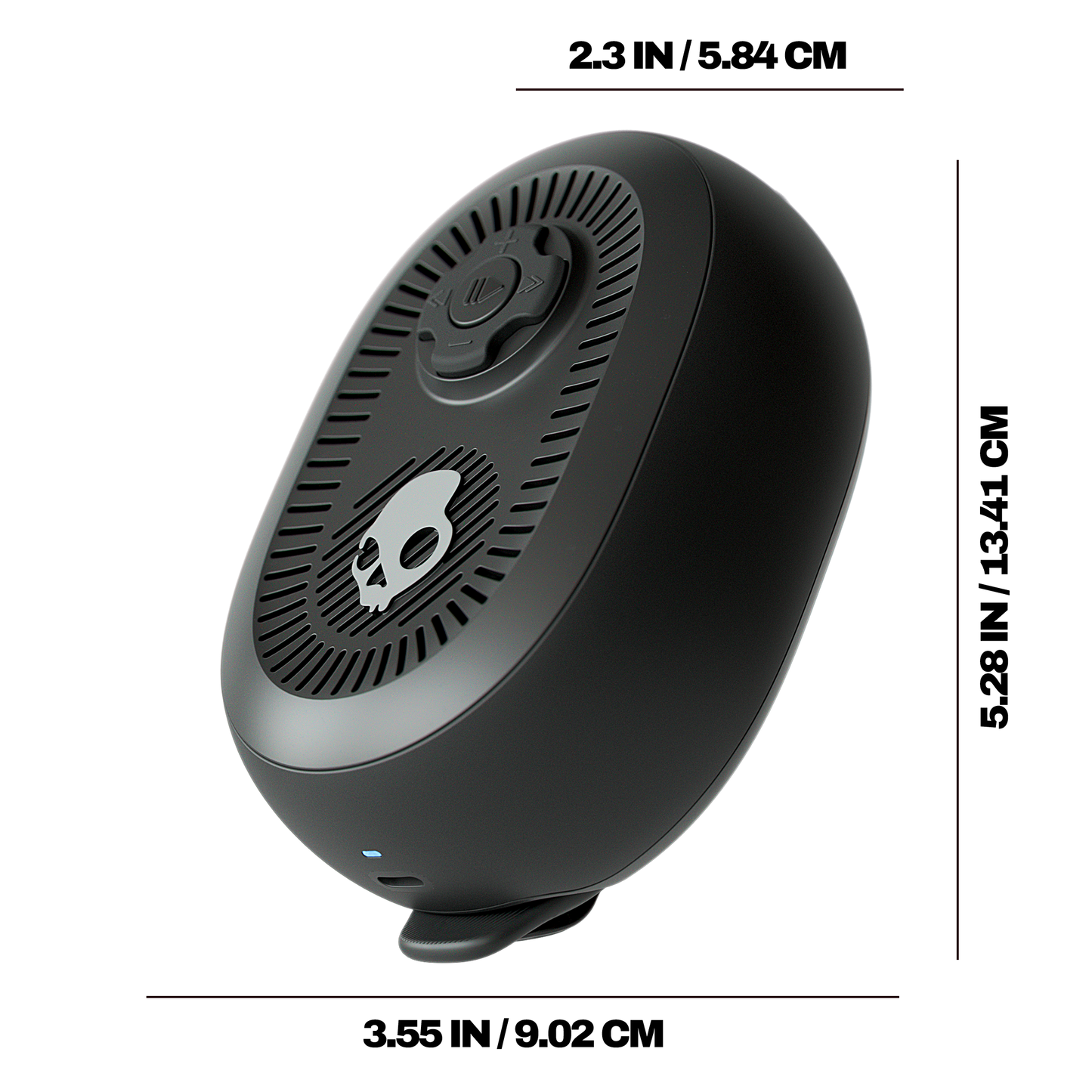 Black portable speaker with dimensions displayed on a white background | True Black