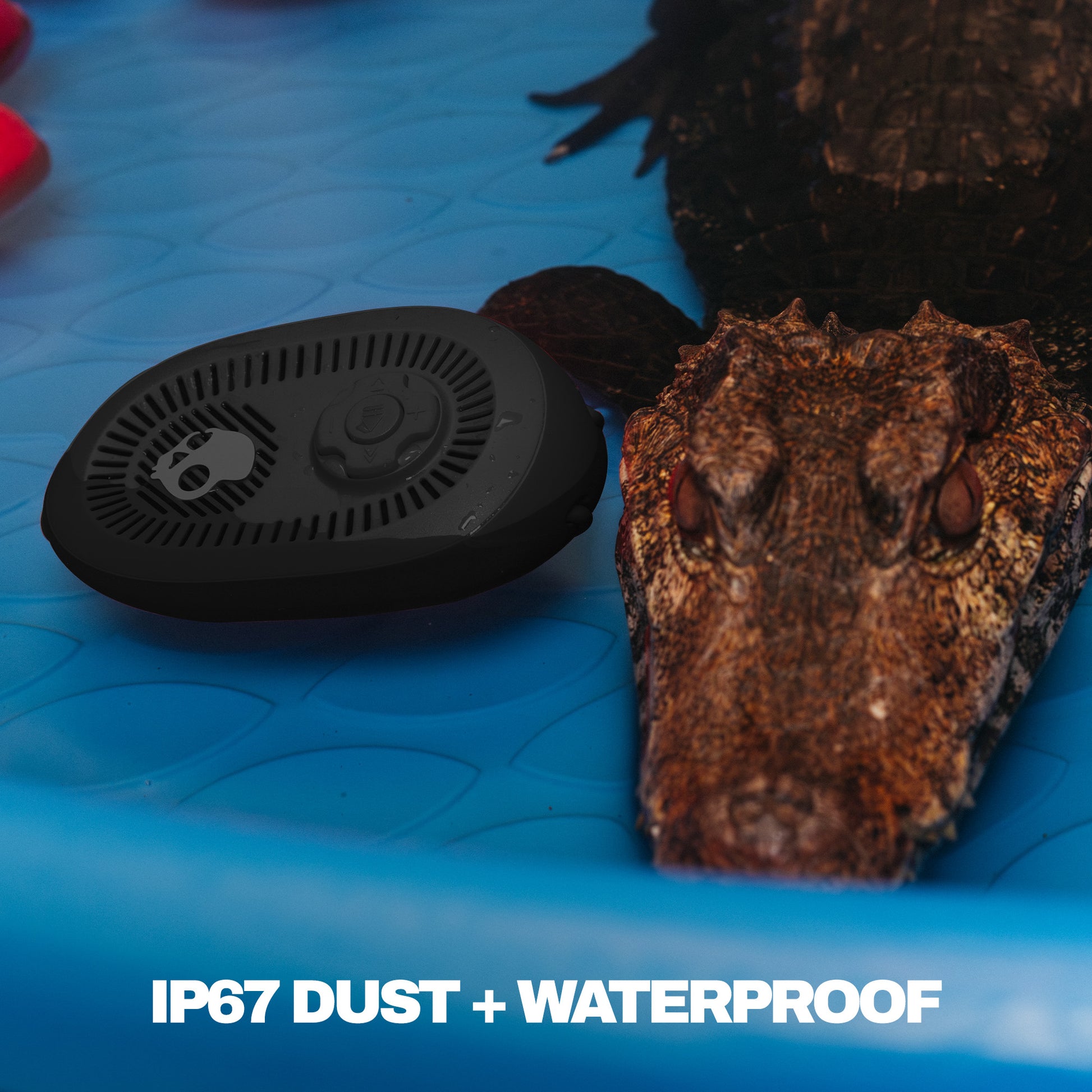 Black waterproof speaker on a blue surface with text 'IP67 DUST + WATERPROOF'. | True Black