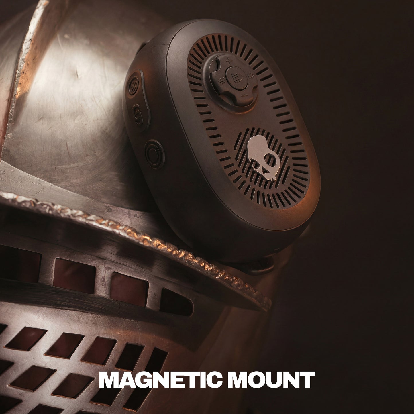 Magnetic mount speaker on a metallic surface with 'MAGNETIC MOUNT' text. | True Black