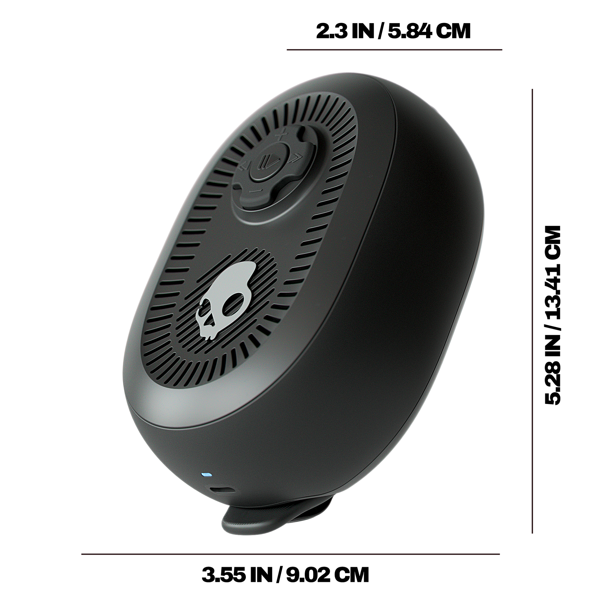 Black portable speaker with dimensions displayed on a white background | Primer